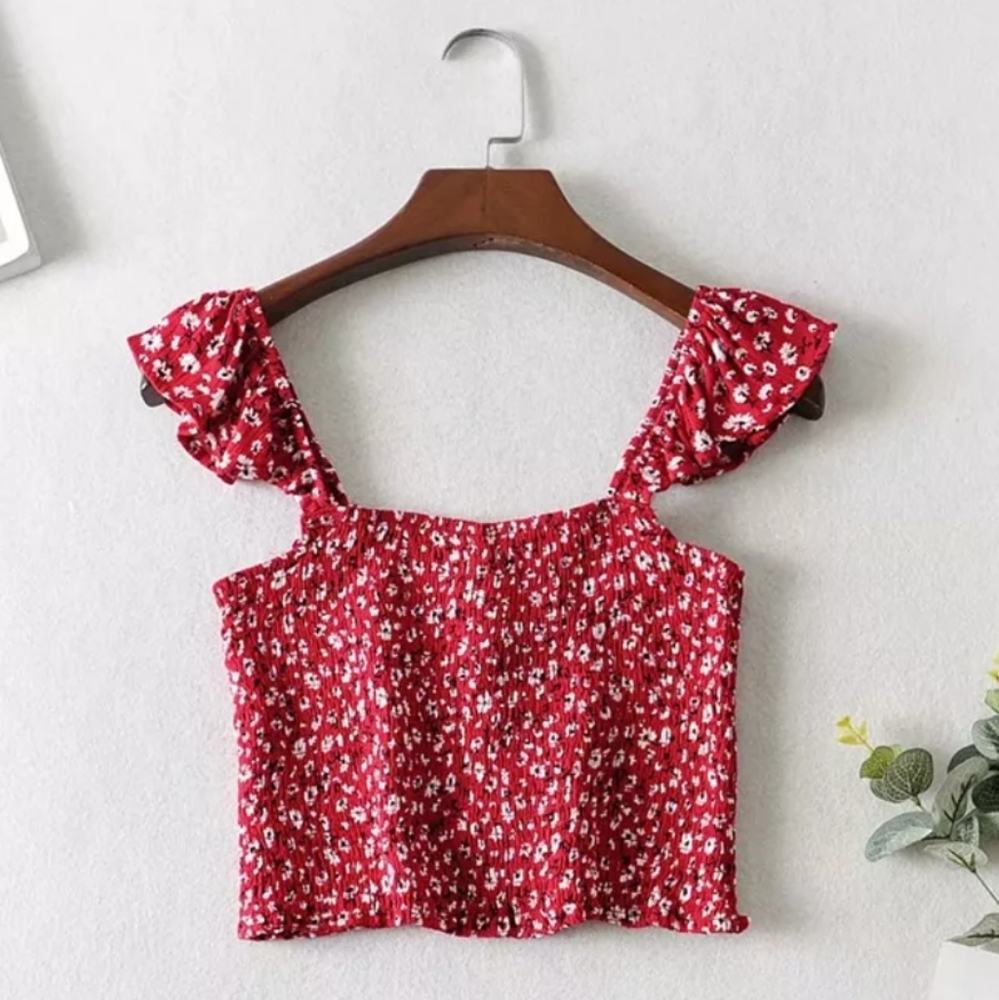 ×2 Red Floral Cotton Midi Skirt and Flutter Sleeve Top Set - Picture 5 of 13
